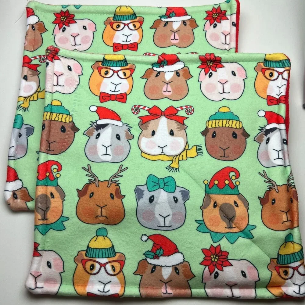 Guinea Pig P Piddle Pads Washable Fleece 12” Pair Lot 2 New Christmas Faces